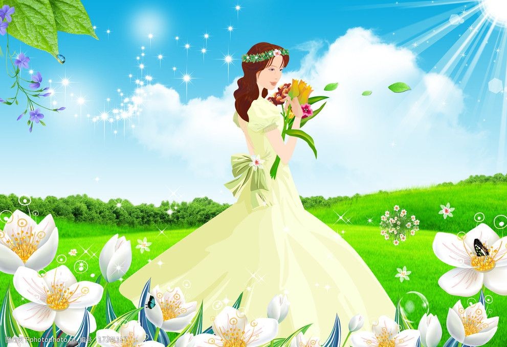 关键词:卡通风景 新娘 风景 草地 草坪 卡通花 美丽的花 蓝天白云