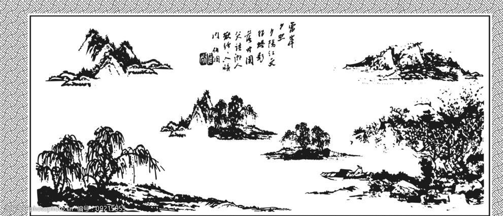 国画中国山水 中国古典 水墨国画 山水 柳树 山水风景 自然景观 矢量