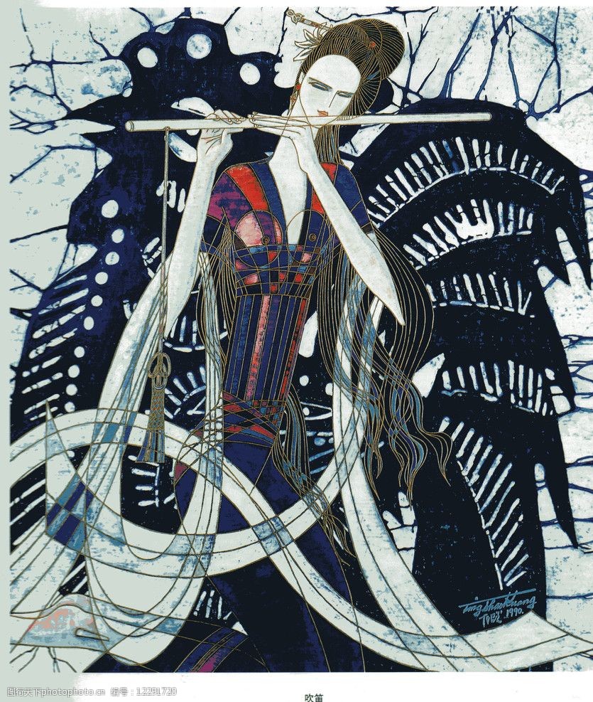 丁绍光吹笛重彩装饰画版画图片