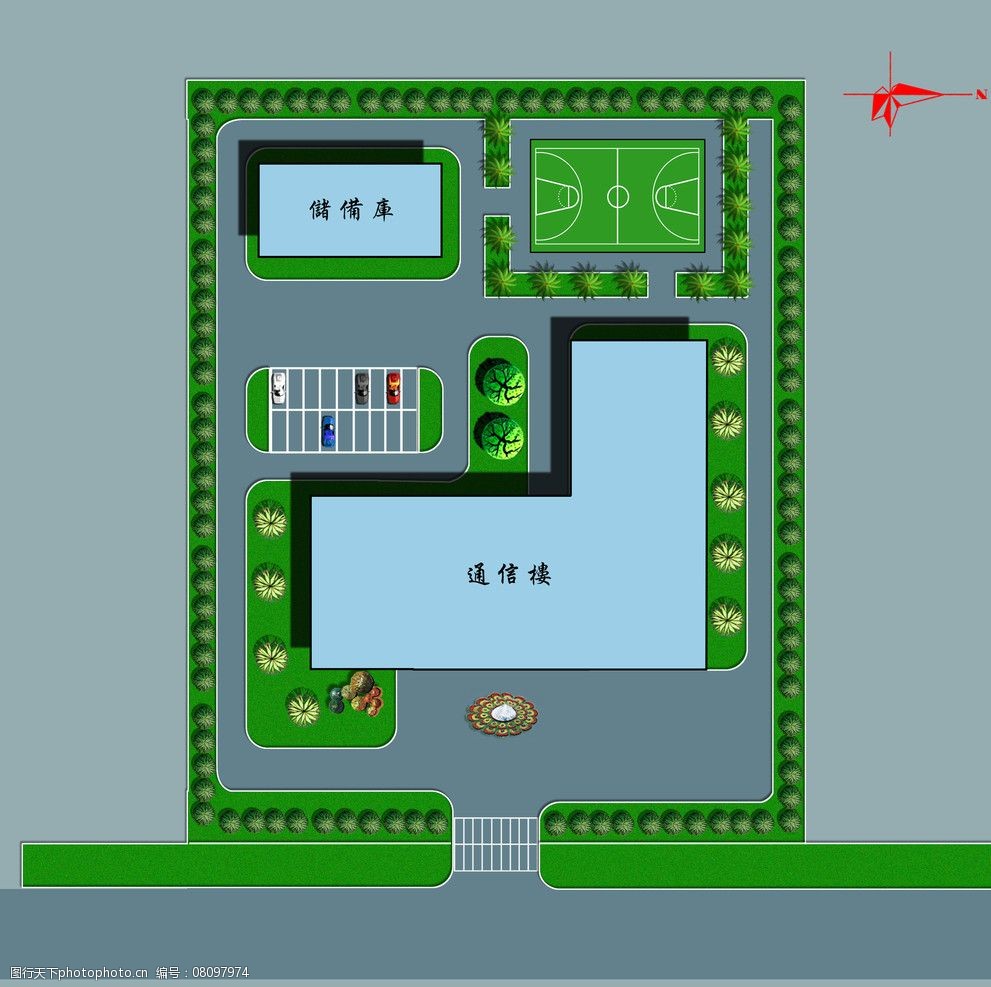 平面效果图 柏油路面 树 篮球场 停车场 汽车 室外小景 其他设计 环境