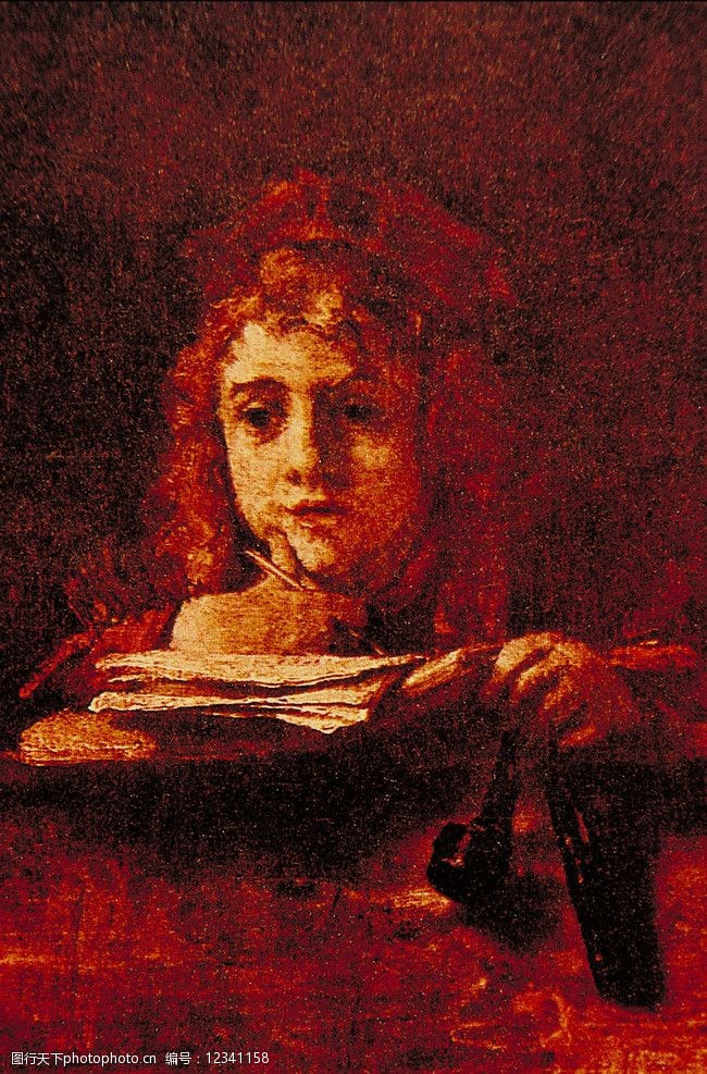 写字 思考 小女孩 油画 人物油画 国外风情 国外传世名画 画像 绘图