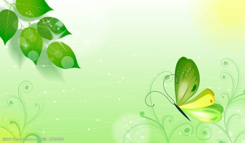绿色梦幻树叶蝴蝶花纹背景