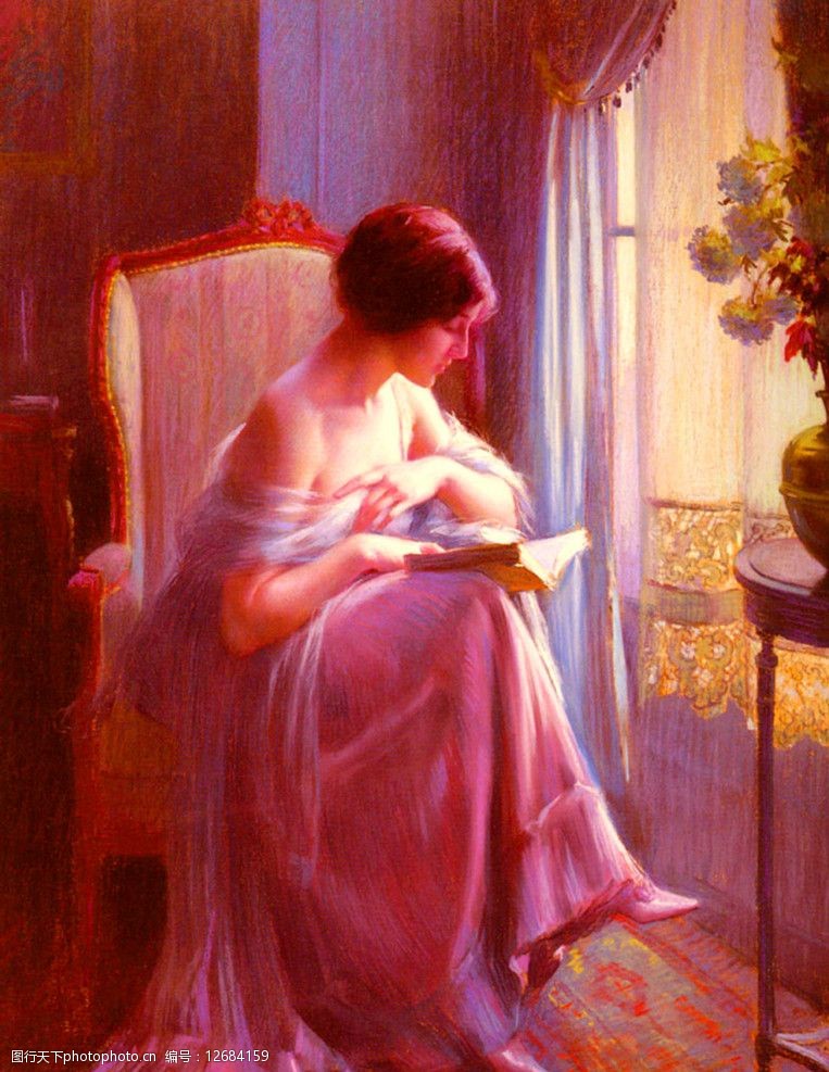 油画在窗口读书的年轻美丽女子图片