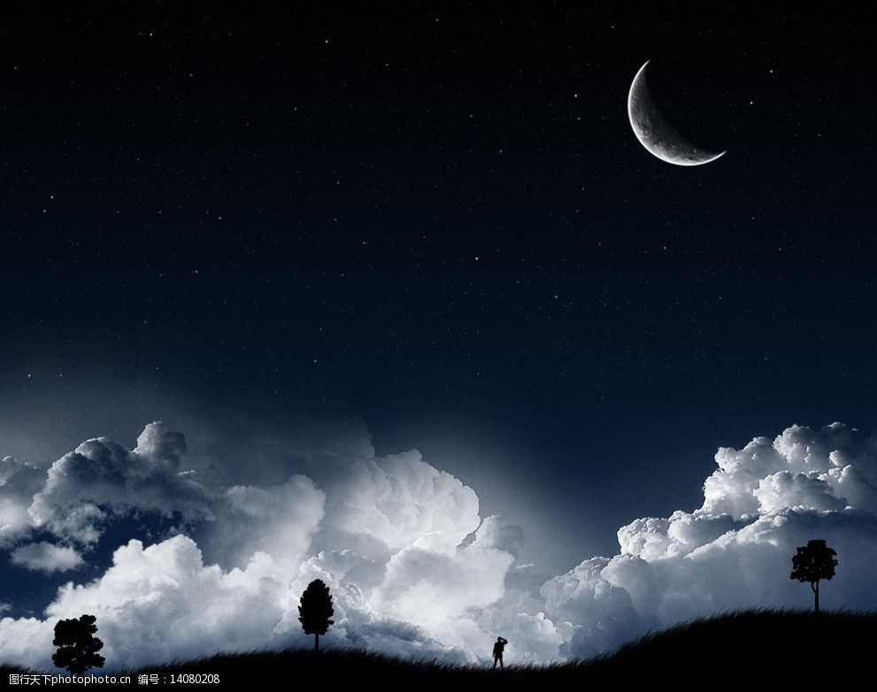关键词:背景底纹 ps 炫彩 光影 设计 壁纸 黑夜 月亮 乌云 山坡 树林